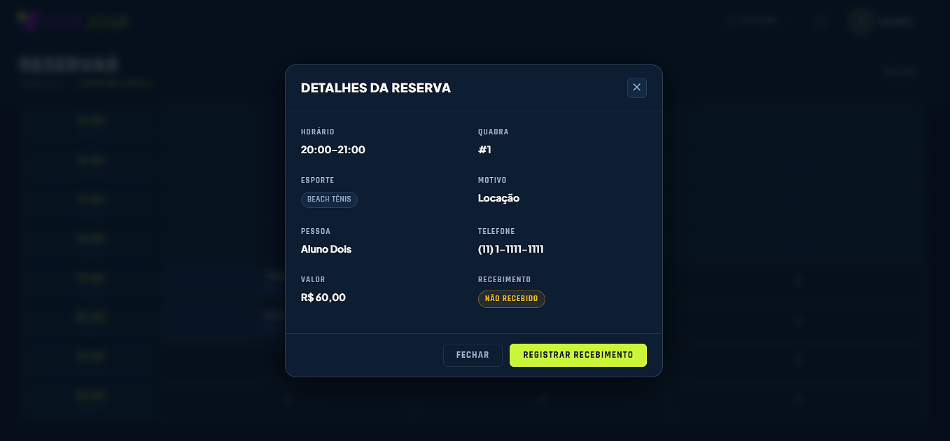 Detalhes da reserva, com o valor, a situação de recebimento e o botão de registrar recebimento